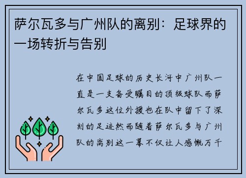 萨尔瓦多与广州队的离别：足球界的一场转折与告别
